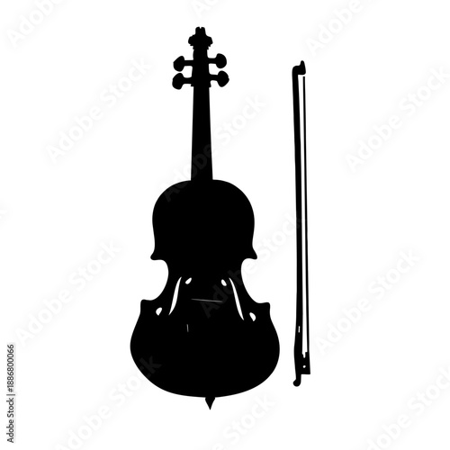 A classical string instrument violin with a wooden bow is isolated on white as a musical object for an orchestra symphony or concert