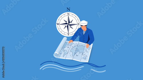 Nautical Navigation: A Sailor Plots a Course Across the Ocean Waters Using an Ancient Map