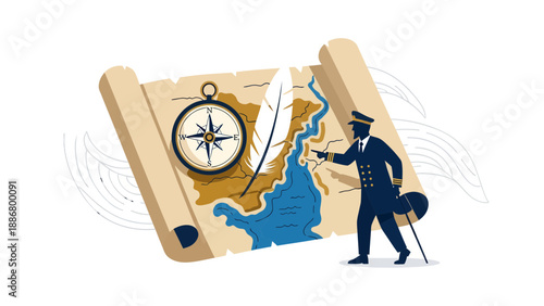 Naval Officer Plotting A Course On A Historical Treasure Map Illustration