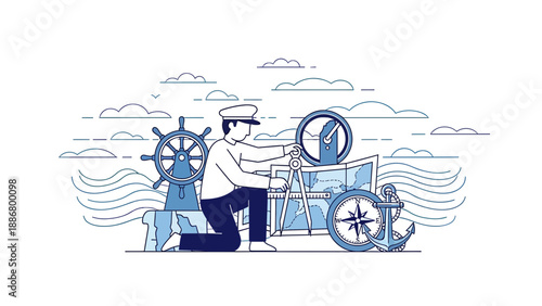 Nautical Navigation Captain Planning Sea Route With Chart Compass And Anchor