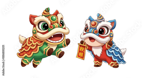 Colorful Chinese Lion Dance Characters Celebrating Festival