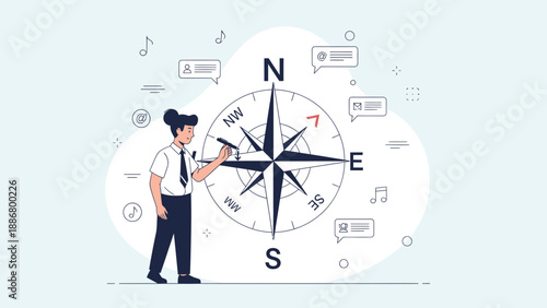 Navigating Digital Channels A Man Points to a Compass Surrounded by Communication Icons