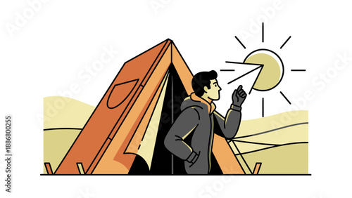 Morning Adventure Man Outside Tent Enjoying Sunlight During Camping Trip