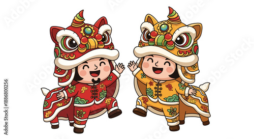 Two Children Wearing Traditional Chinese Lion Dance Costumes