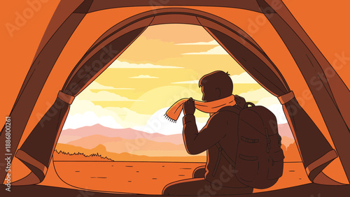 Morning Calm Traveler From Tent Contemplating Sunrise Scarfed On Mountain Landscape