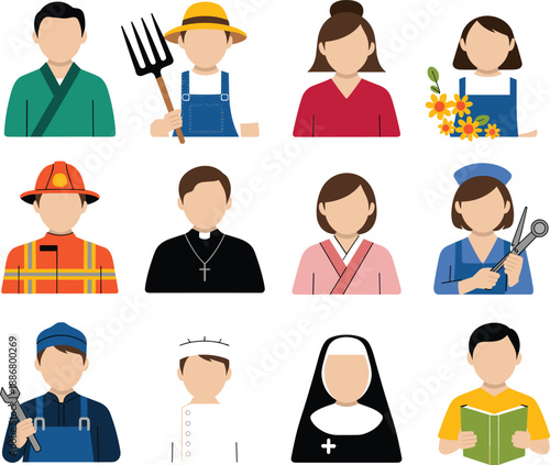 People occupation avatar icon set, flat cartoon characters farmer firefighter priest nun mechanic florist student, diverse profession vector illustration