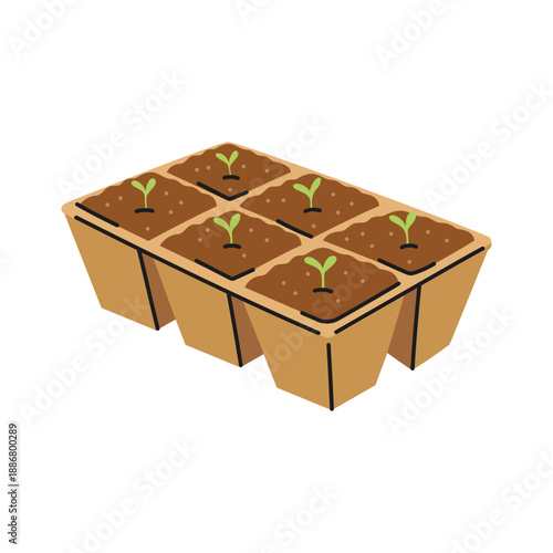 Seedlings in biodegradable pots. Caring for nature and ecology, gardening. Vector illustration in flat style, isolated on a white background