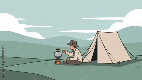 Morning Camp Serenity Man Prepares Beverage Outside Tent In Serene Landscape