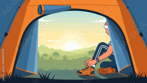 Morning Camp Scene Awaits For Adventure Of A Person Preparing Hiking Boots
