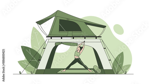 Morning Fitness Routine On The Top Of Tent After A Long Drive Vacation