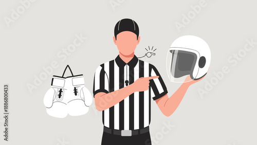 Neutral Referee Assessing Combat Safety Equipment With Protective Headgear And Boxing Glove