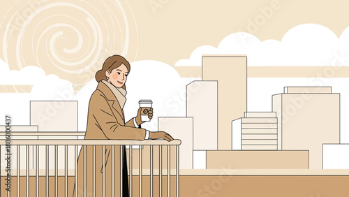 Morning Coffee With City View Woman Relaxing On Balcony In Urban Environment