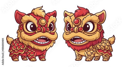 Two Cartoon Lion Dancers with Traditional Costumes