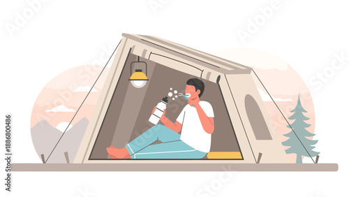 Morning Hygiene During A Camping Trip Concept Vector Illustration