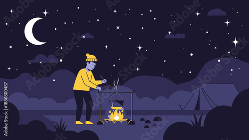 Night Adventure Under Stars Man Cooking By Campfire At Campground Tent In Landscape
