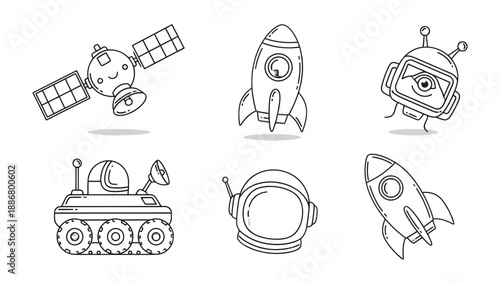 Celestial Expedition: A captivating assortment of celestial elements, depicted in a delightful illustrative style, invites exploration into the vast expanse of space. 