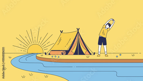 Morning Stretch At Campsite Near River For Wellness And Outdoor Activities