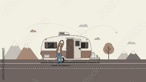 Morning Stretch At Campsite With Mountains And Trailer Retro Styled Illustration