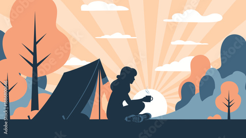 Morning Serenity Woman Enjoying Hot Beverage Near Tent In Scenic Landscape