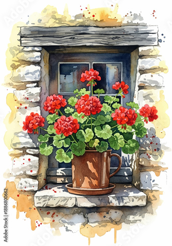 charming watercolor painting of vibrant red geraniums in a rustic pot on a stone windowsill with a weathered wooden window frame