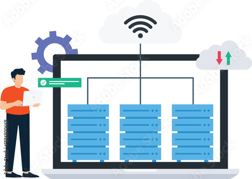 Cloud computing data storage server network system administration technology infrastructure digital transformation hosting services database management IT professional flat design