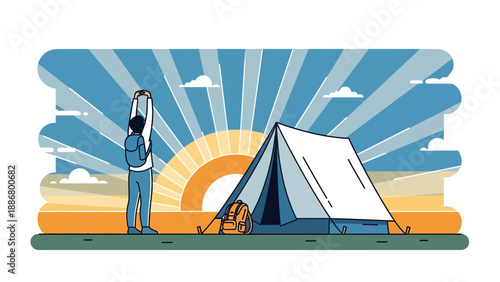 Morning Stretch Near Tent With Rising Sun In Camping Adventure Illustration