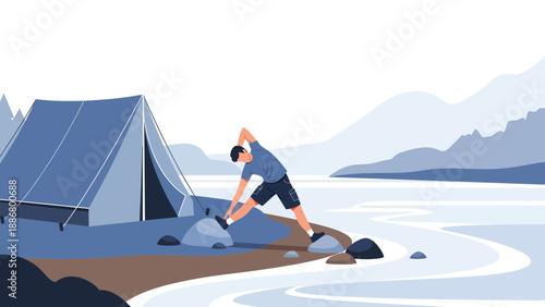 Morning Stretch Routine By The Lakeside Camping Spot For Wellness And Fitness