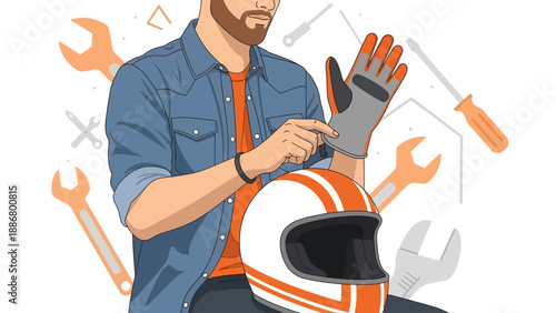 Motorcycle Enthusiast Preparing Gear For Safe Riding Adventure On Open Road