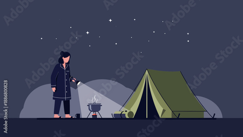 Nighttime Camping Adventure Woman With Flashlight Camping Tent Under Starry Sky