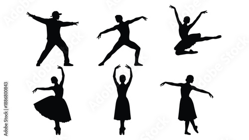 lack and White Dance Silhouette Vector Set Featuring Professional Ballet Dancers, Contemporary Performers, and Artistic Poses for Creative Theater Design Concepts