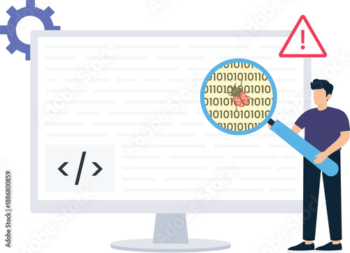 Software Debugging Code Testing Finding Errors Binary Code Digital Bug System Vulnerability Programming Problem Developer Searching Magnifying Glass Web Development Computer Screen Technical Support