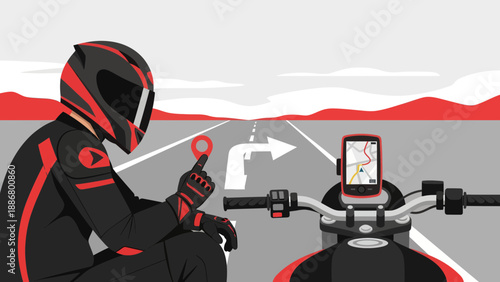 Motorcycle Rider Checks Route On Navigation System Before Riding Journey