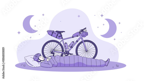 Nighttime Cyclist Resting Under Moonlight After Long Tour Bicycle Touring