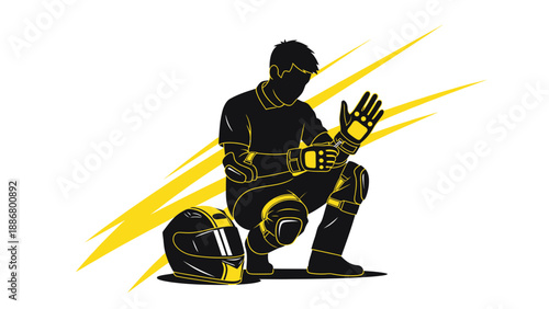 Motorcycle Rider In Protective Gear Before Racing On Yellow Stylish Background