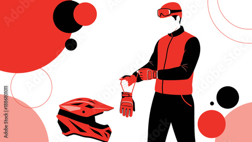 Mountain Biker Preparing Gears With Graphic Elements For Extreme Adventures