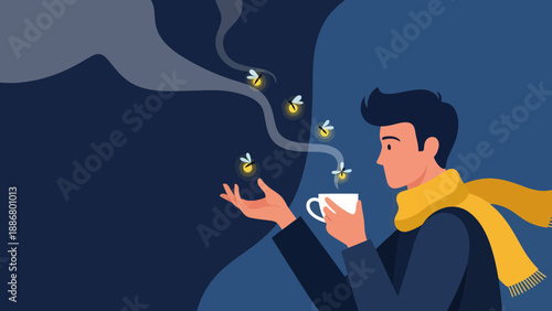 Nighttime Serenity Enjoying Hot Beverage With Mystical Fireflies Displayed Peacefully