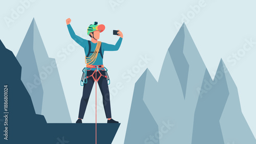 Mountain Climber Achieving Summit Success With Scenic Mountain Landscape Capturing Adventure