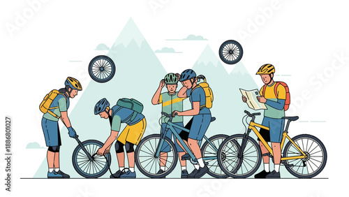 Mountain Biking Adventure Friends Preparing For A Scenic Ride