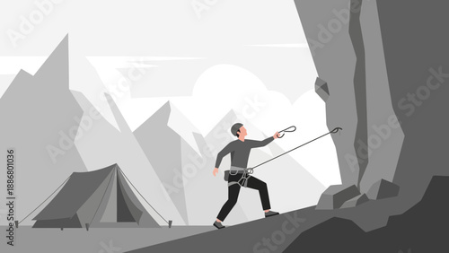 Mountain Climber Ascending Cliff Face With Camping Tent in Scenic Landscape
