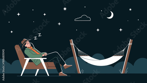 Nighttime Serenity Person Enjoying Restful Sleep In Chair Under Starry Sky