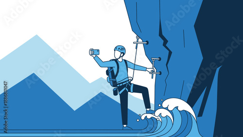 Mountain Climber Taking Selfie Against Background Of Sea And Mountains