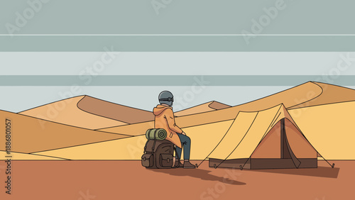Nomad Seated Upon Backpack Enjoying Serene Desert Landscape With Tent Illustration