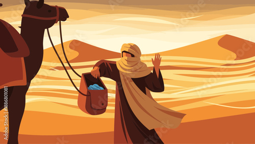 Nomadic Caravan Crossing The Desert Illustration With Camel And Traveler