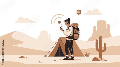 Nomadic Connection Woman Uses Smart Device Hiking In Desert Landscape