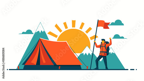 Mountain Expedition With Flag And Tent In Sunlight Cartoon Illustration