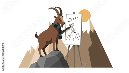 Mountain Goat Artist Creating His Own Portrait On A Rock In The Mountains