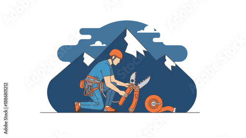 Mountaineer Preparing Equipment In Front Of Snowy Peaks In Graphic Style