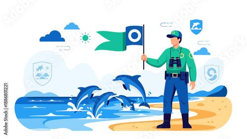 Ocean Conservation Effort Depicting Volunteers Protecting Dolphins In Coastal Environments