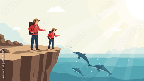 Ocean Adventure With Hikers Watching Dolphins Play On Cliffside Trail