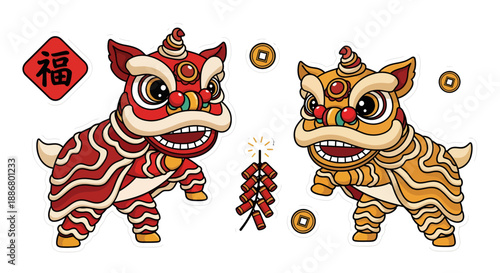 Chinese Lion Dance Performers with Firecrackers and Symbol
